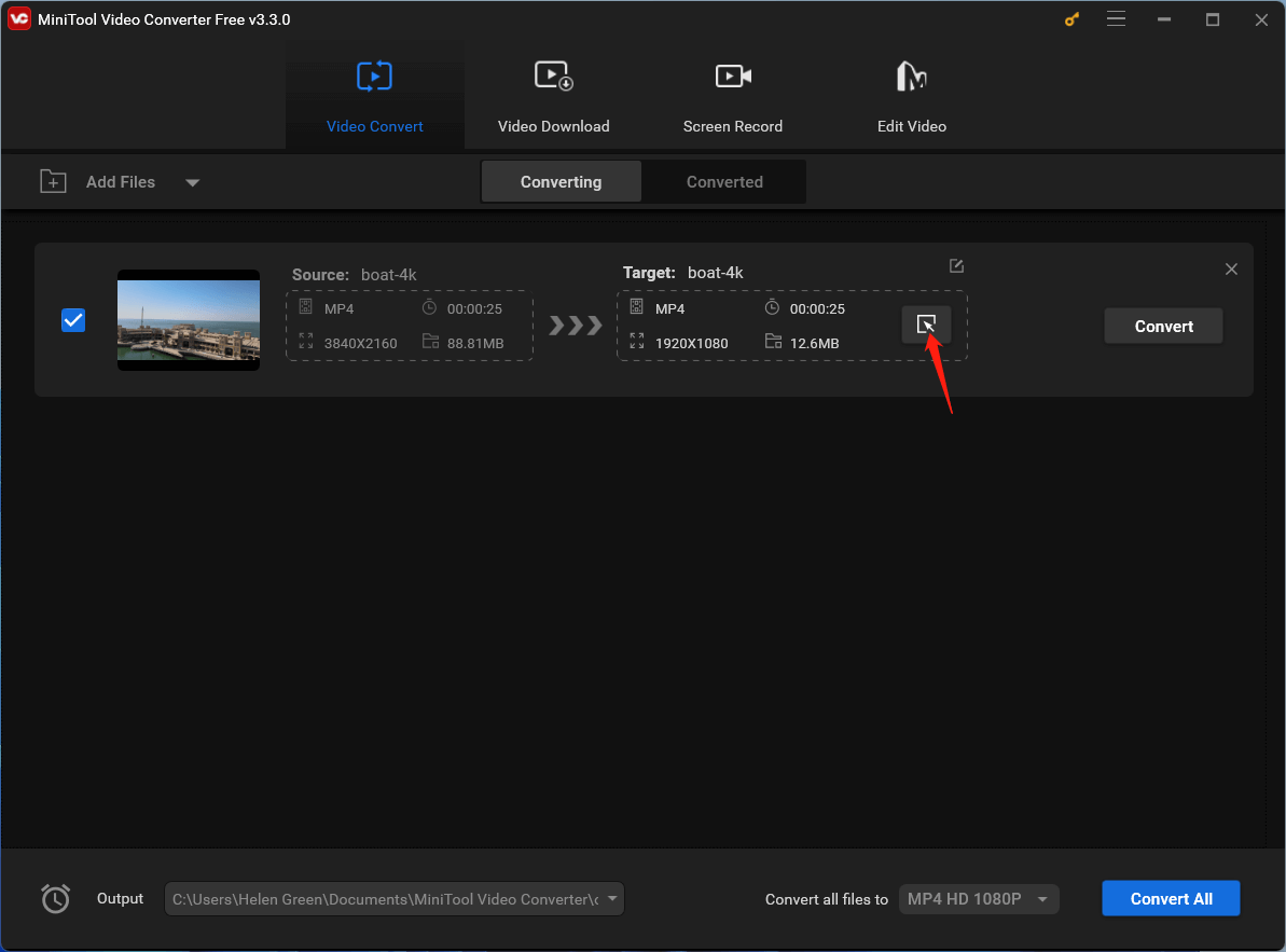 click the settings icon in the video conversion task