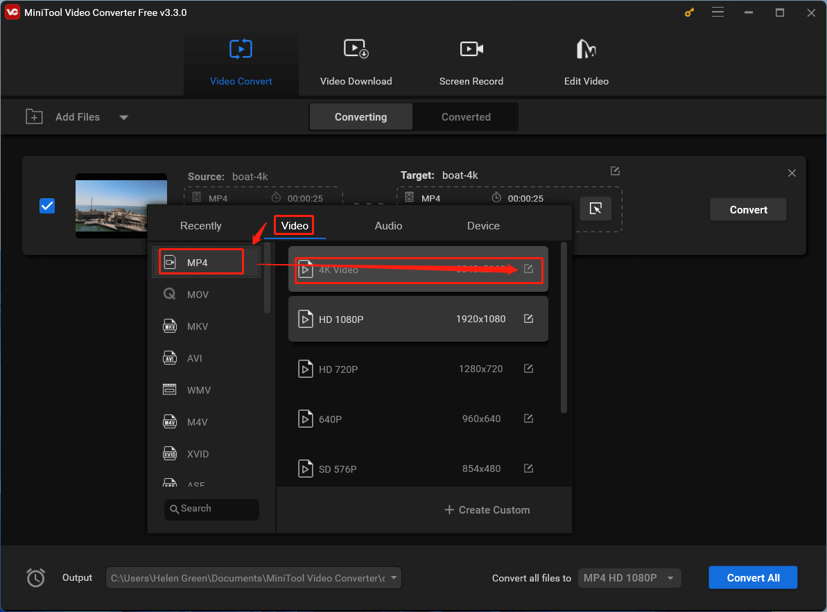 click the settings icon for the 4K Video option