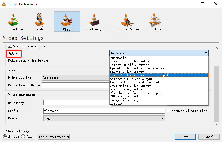 change video output settings