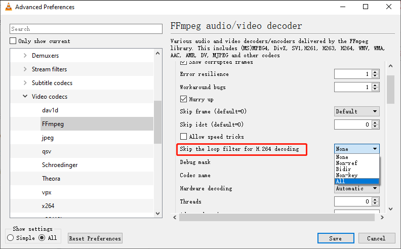 change FFmpeg settings in VLC