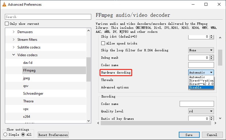 disable hardware decoding in VLC