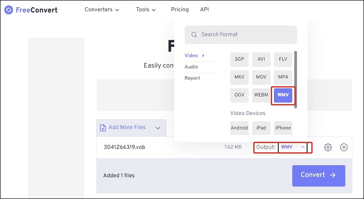 choose WMV as the output format