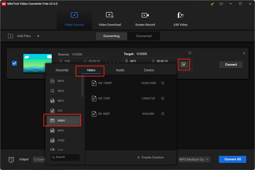 choose WMV as the output format