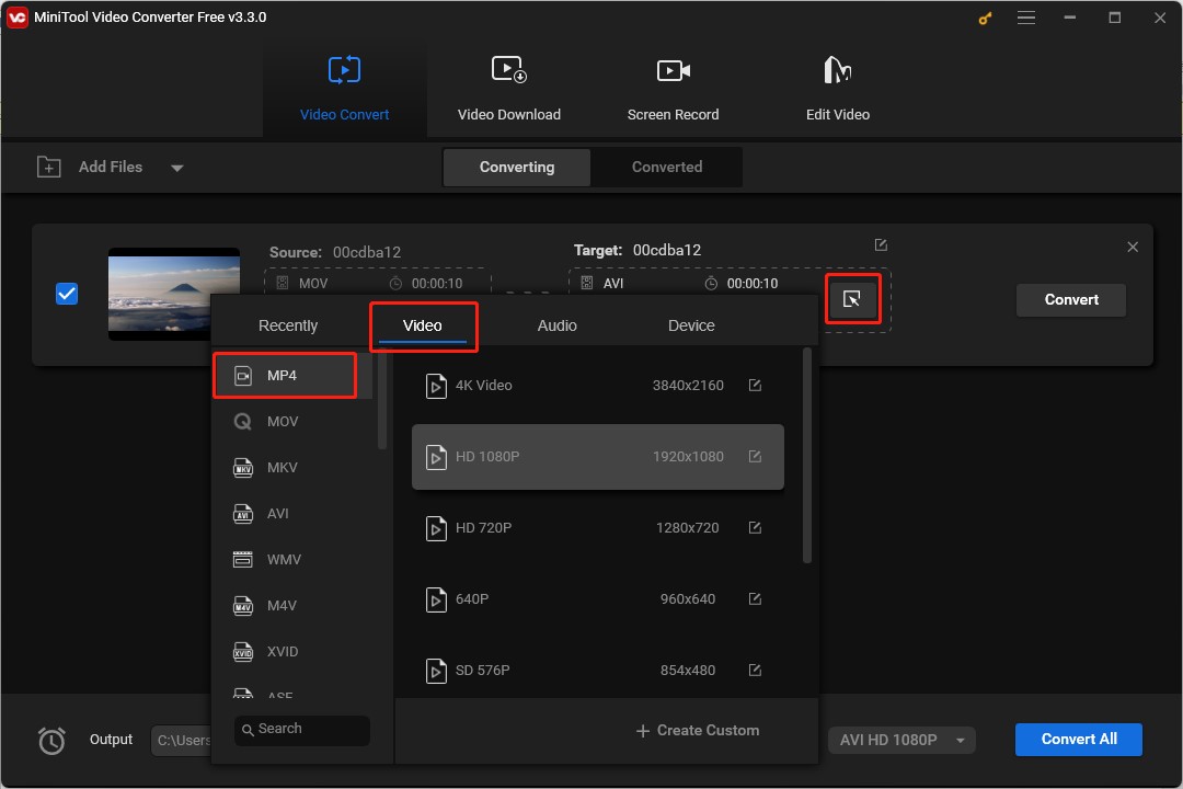 choose MP4 as the output format