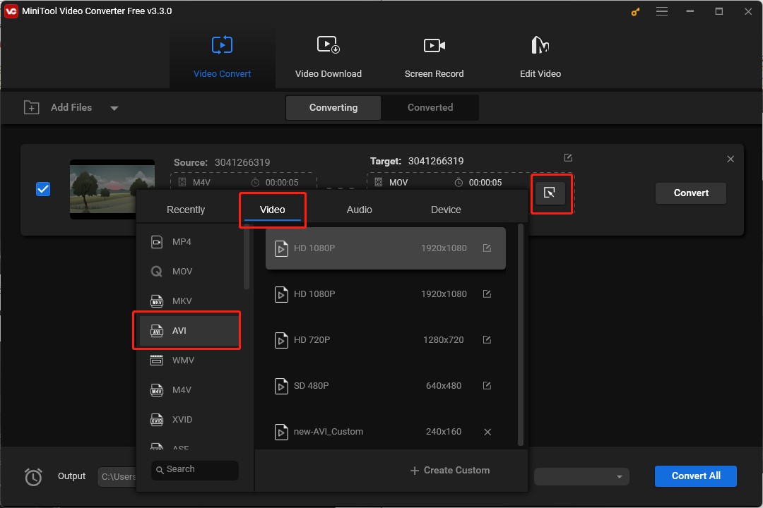 choose AVI as the output format