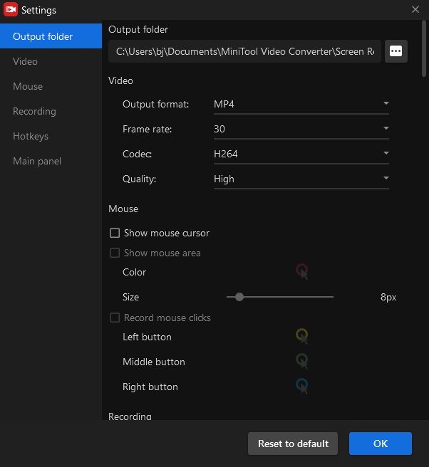 adjust output parameters in Settings page