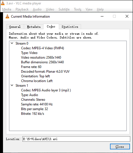 check codec information in VLC