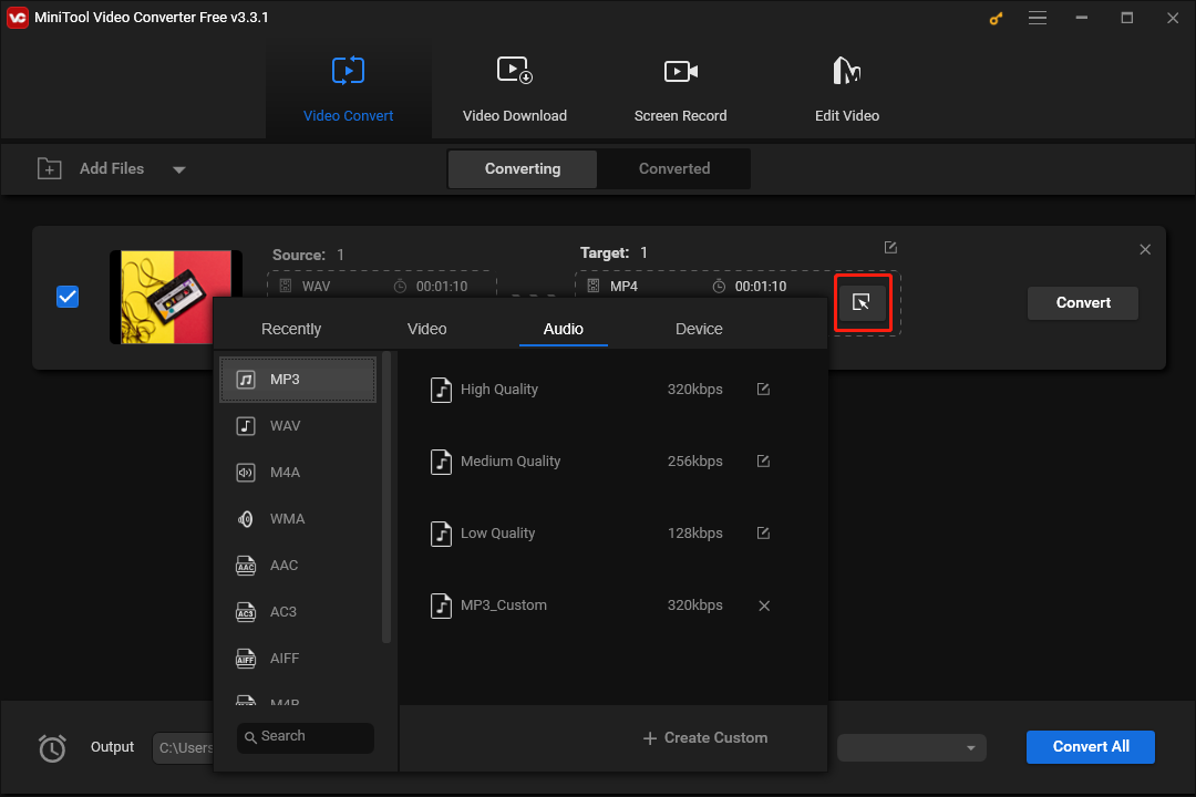 click to open export settings