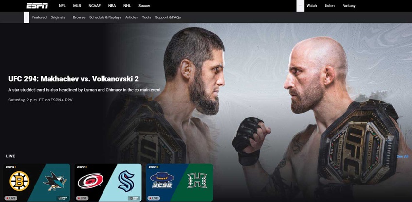 interface of ESPN Plus