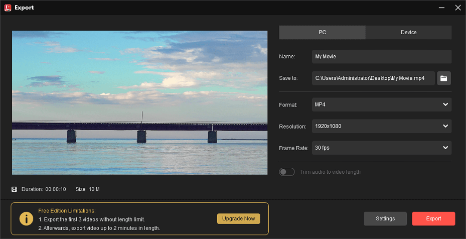 export window of MiniTool MovieMaker