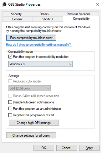 Run OBS in Compatibility Mode