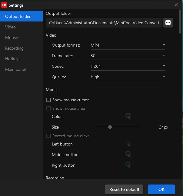 the recording Settings window