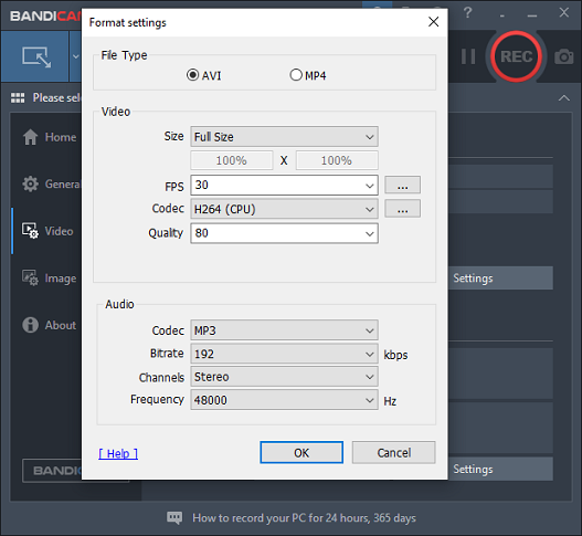 format settings in Bandicam