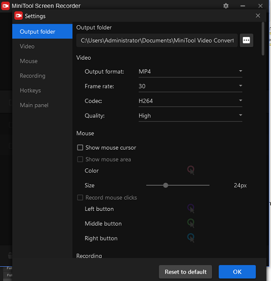 settings in MiniTool Screen Recorder