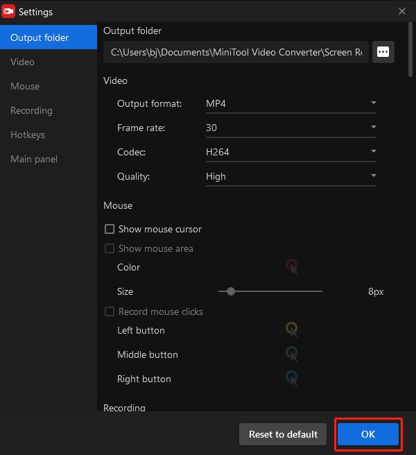 adjust output parameters