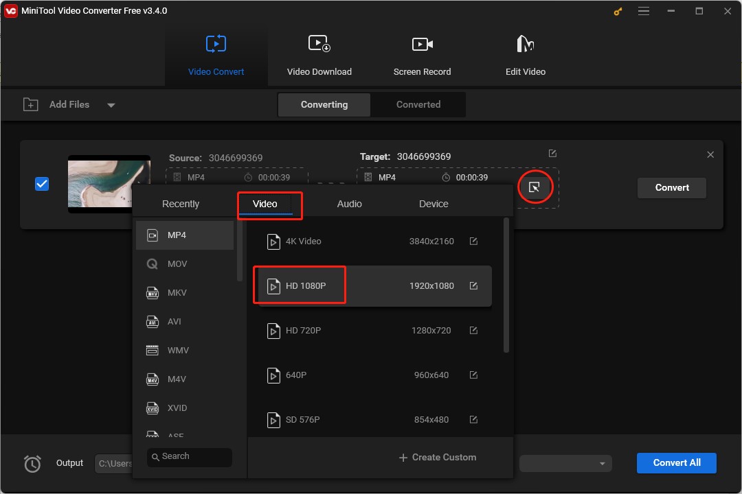 choose MP4 format with lower resolution