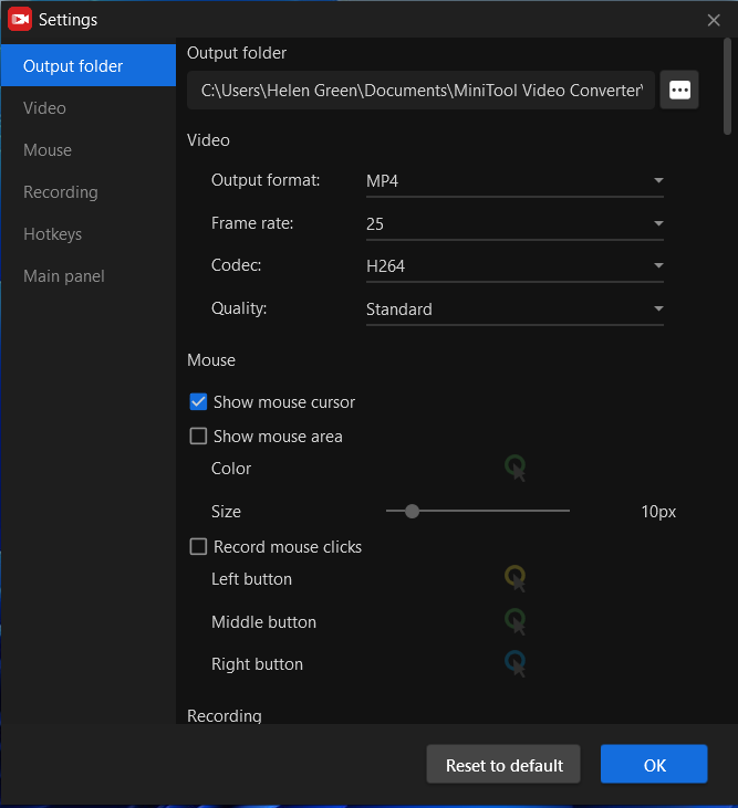 MiniTool screen recording settings