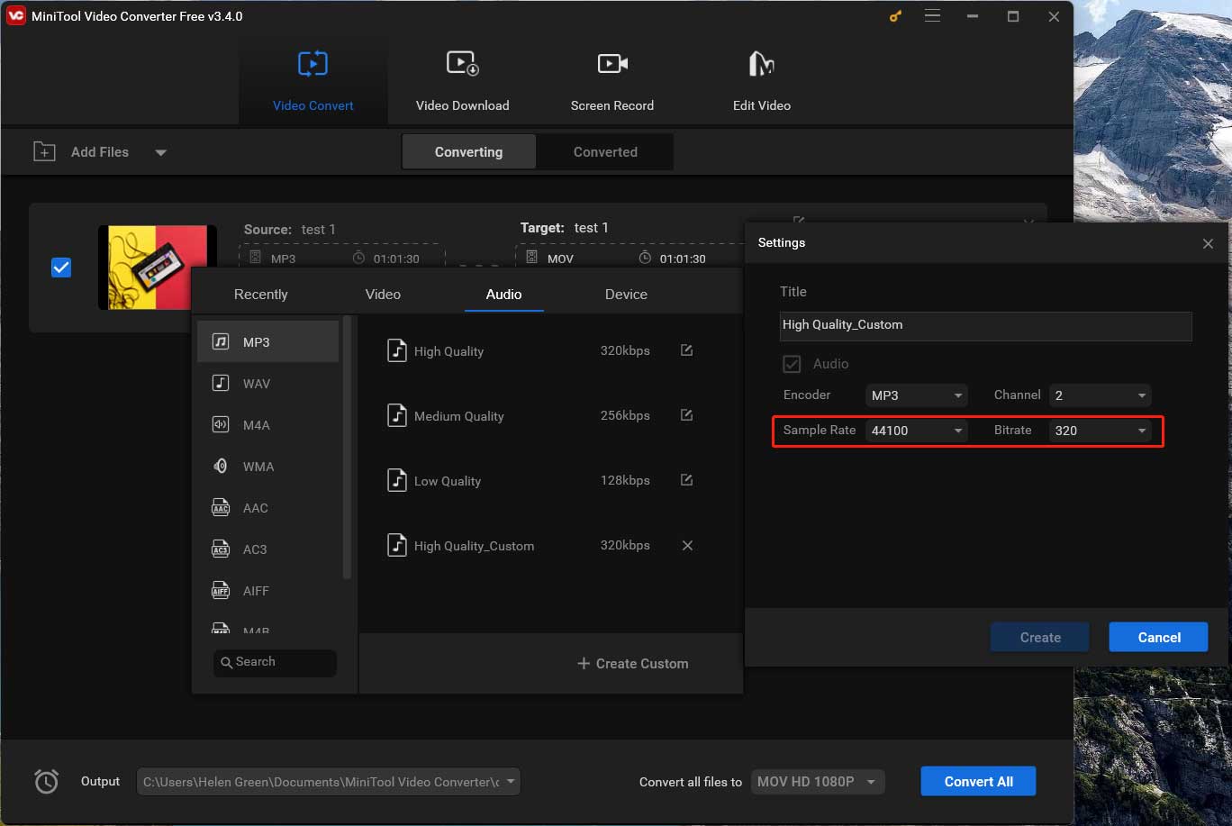 MiniTool Video Converter changes audio sample rate and bitrate