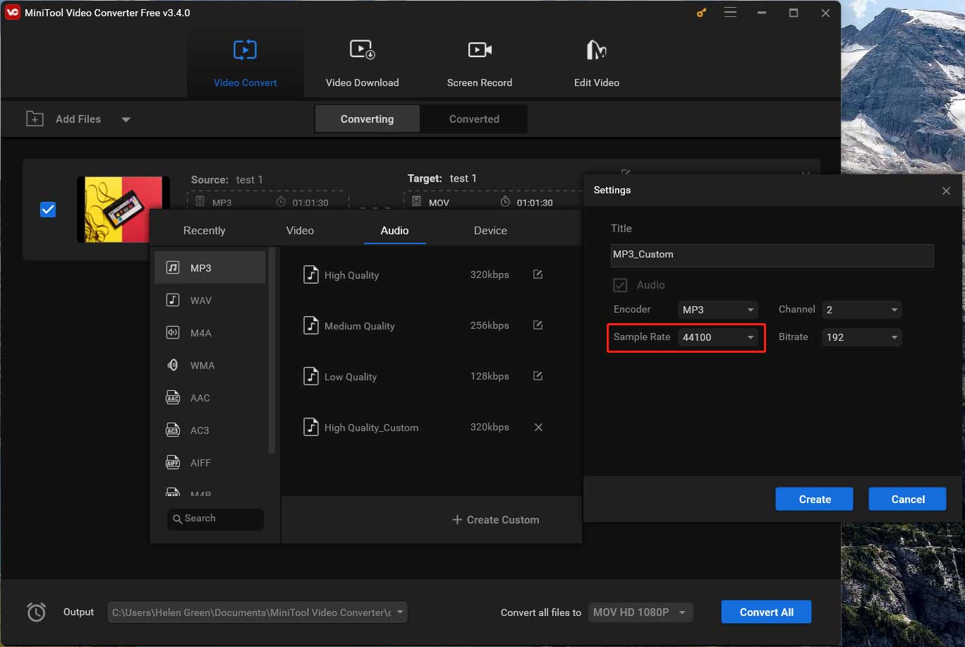 change audio sample rate in MiniTool Video Converter