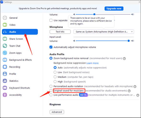 tick the Original sound for musicians checkbox