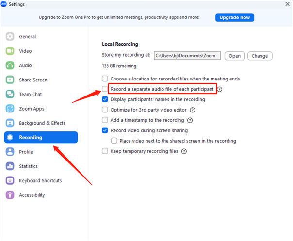 select the Record a separate audio file of each participant option