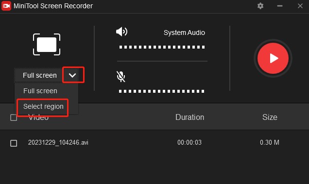 choose recording area and audio