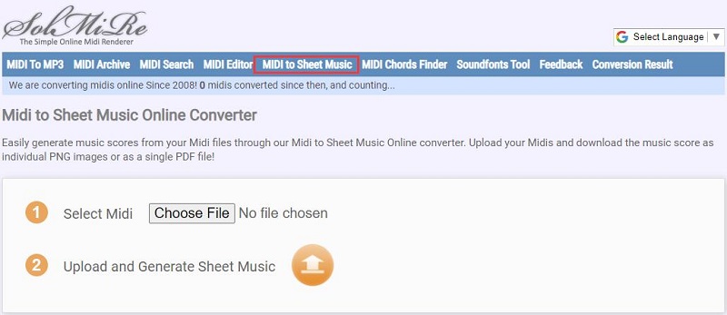 「MIDI to Sheet Music」タブを選択