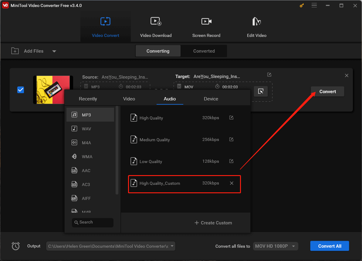 select specified audio quality to convert