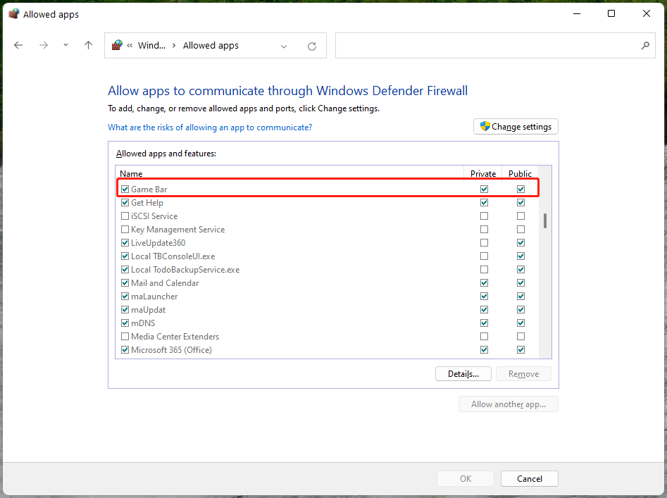 whitelist Gamer Bar in Windows Defender Firewall