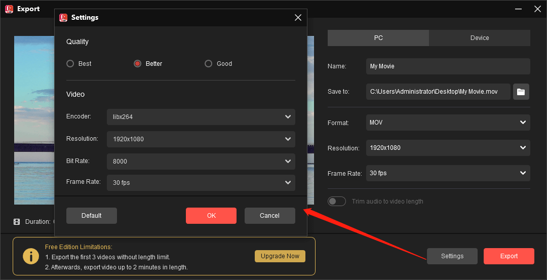 export settings