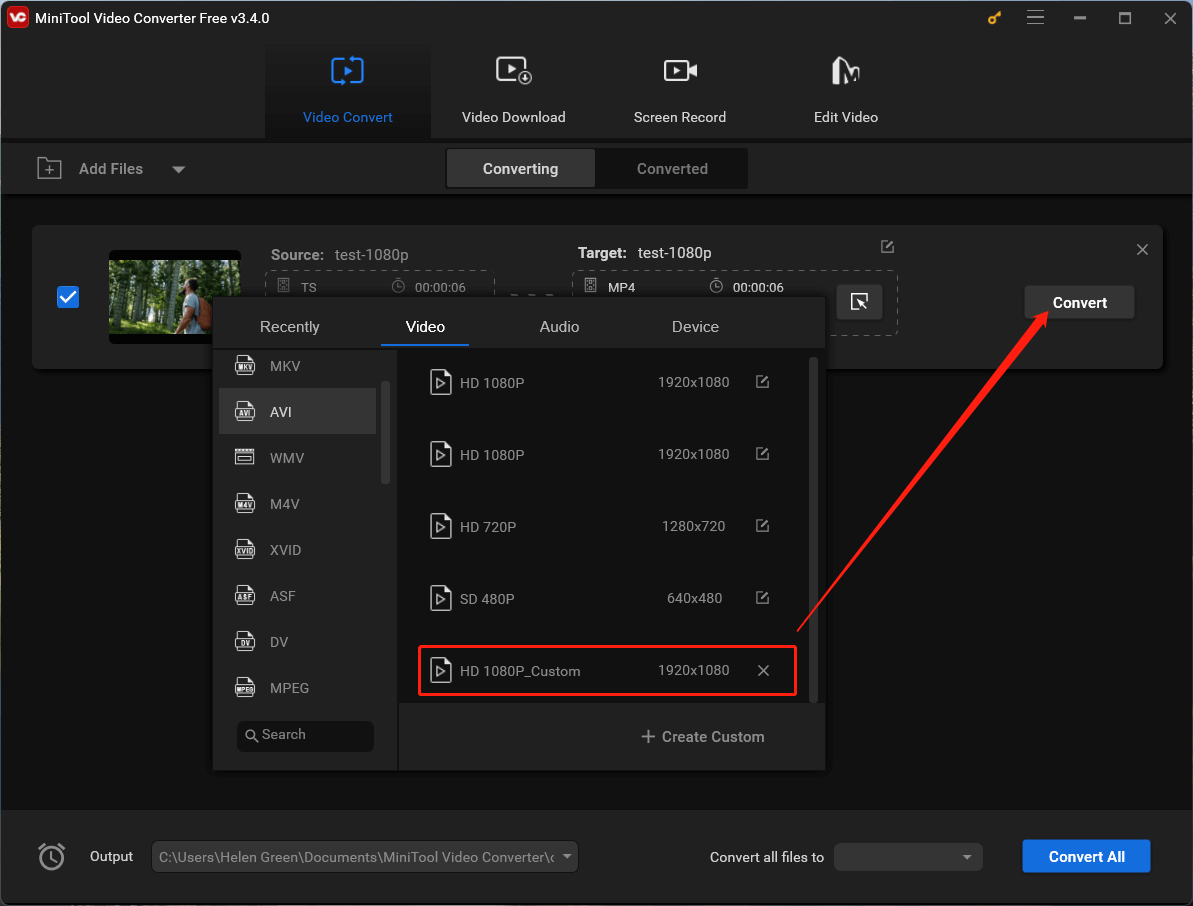 select specified video format to convert