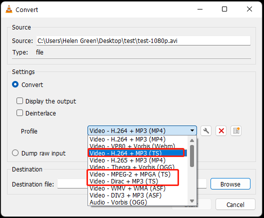 choose a TS format in VLC