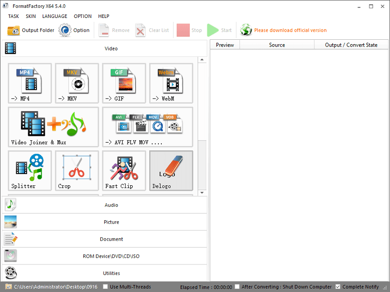 interface of Format Factory