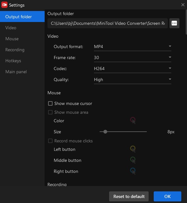 the Settings page of MiniTool Screen Recorder