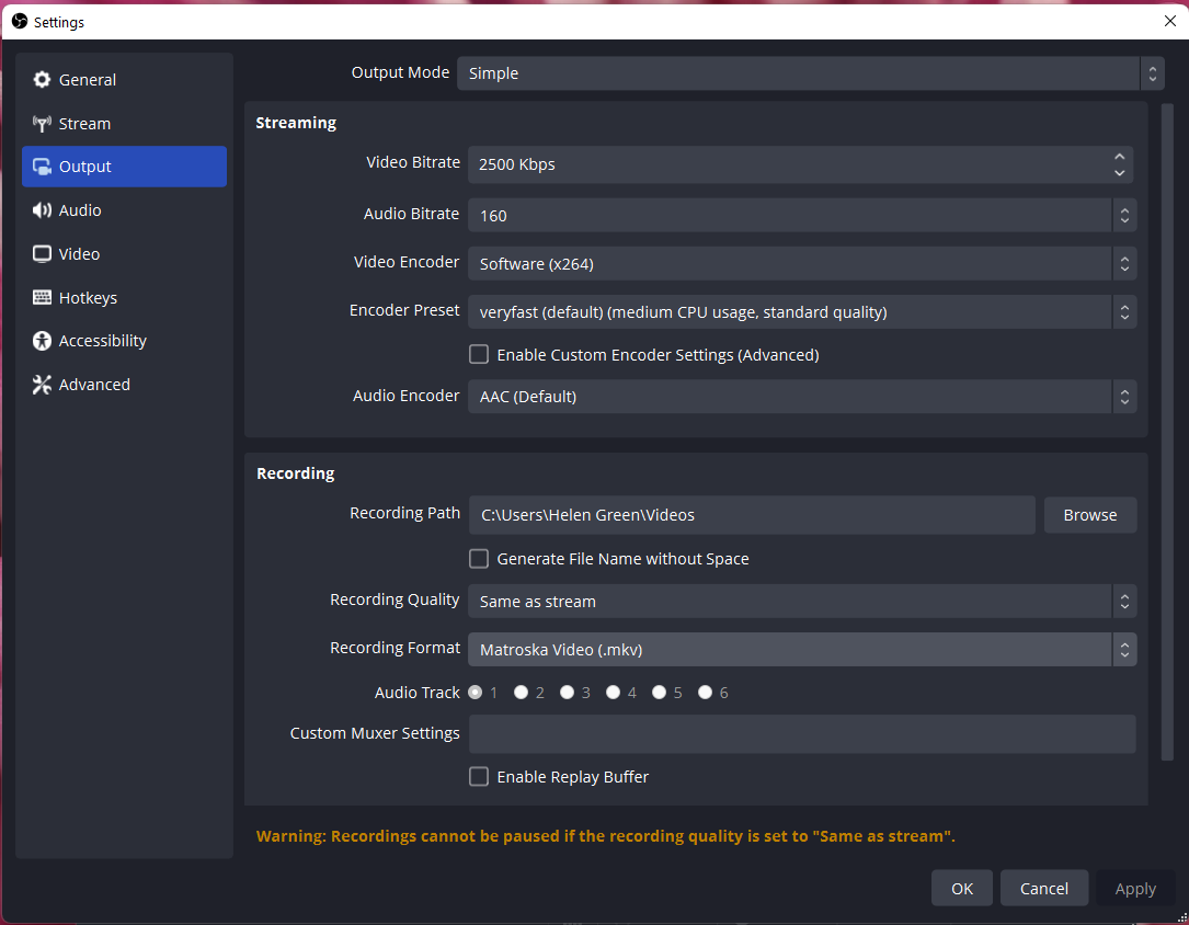 OBS recording output settings