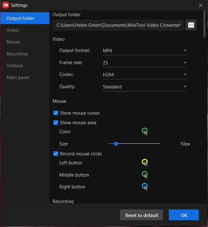 MiniTool Screen Recorder settings