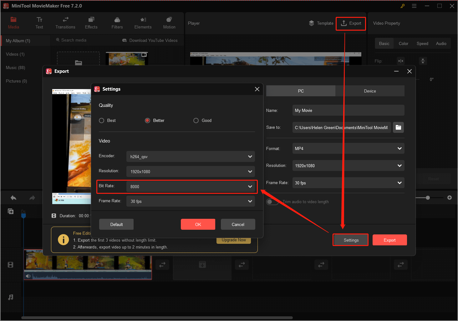 export the recorded video at a certain bitrate