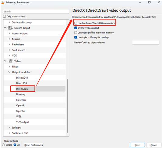 untick the Use hardware YUV ->RGB conversions option