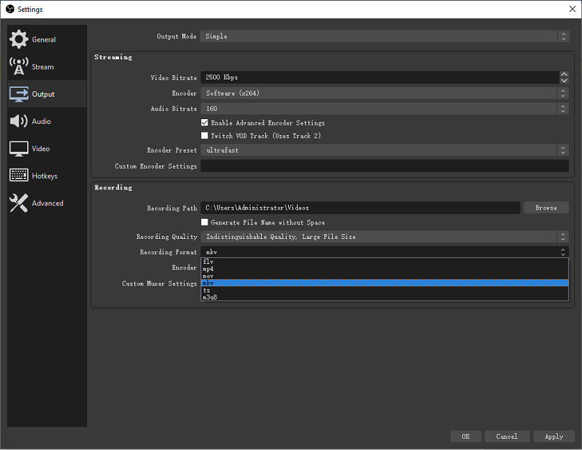 change recording format in OBS