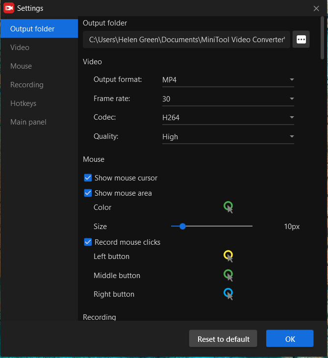 MiniTool Screen Recorder settings