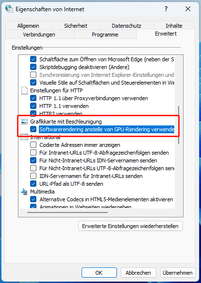 Software-Rendering statt GPU-Rendering verwenden