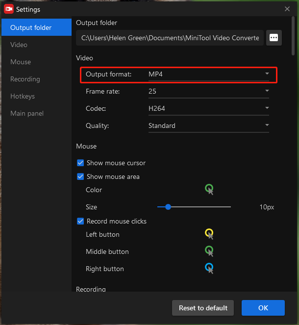 specify recording settings