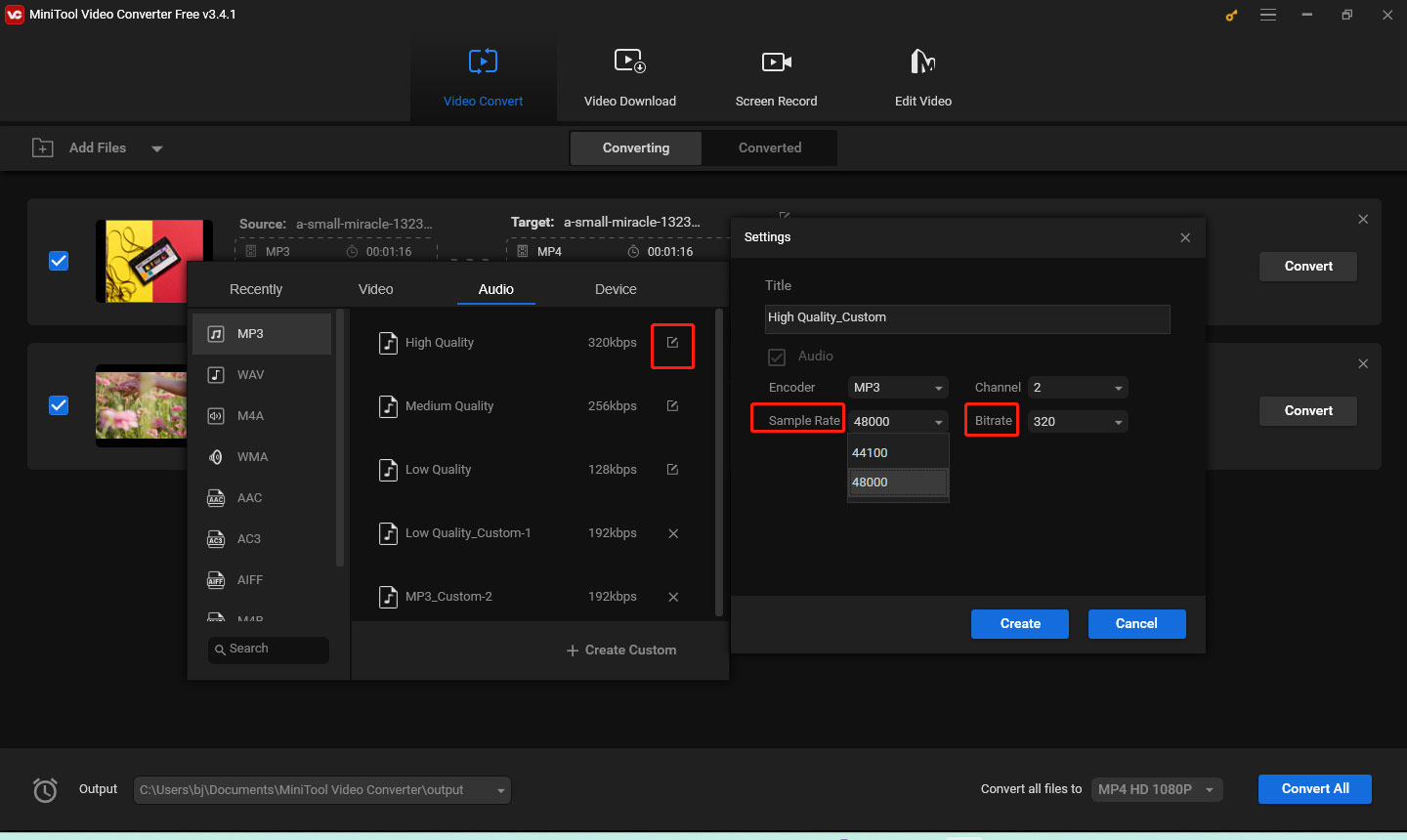 adjust audio sample rate and bitrate