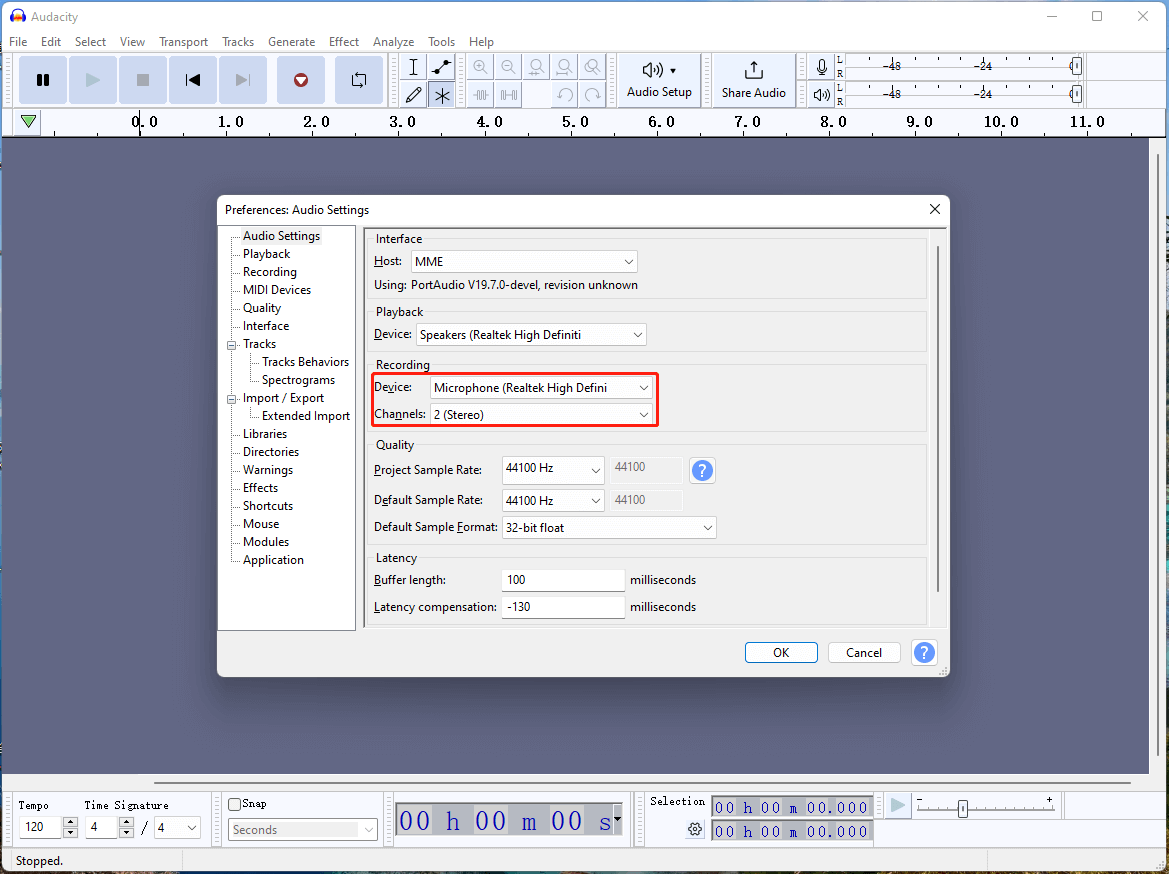 Audacity audio recording device and channel settings