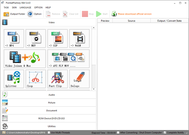 interface of Format Factory