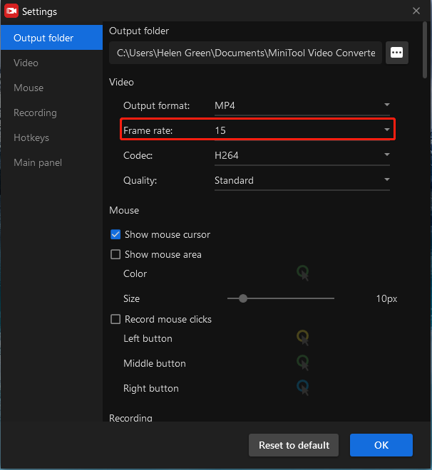 set up recording frame rate as 15 fps