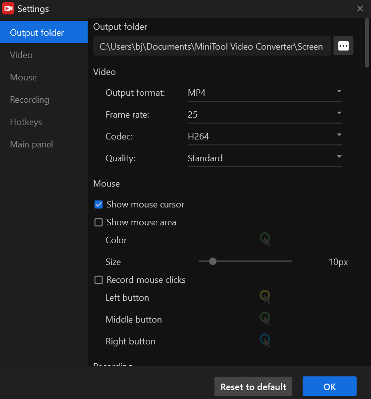 the Settings windows of MiniTool Screen Recorder