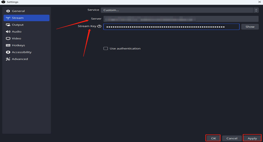 paste the Kick Stream URL and Key to OBS