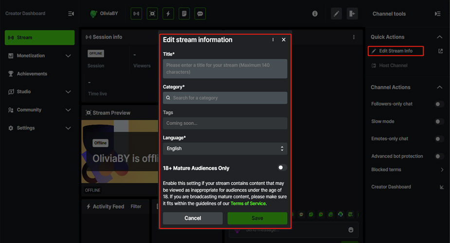 edit the stream information of Kick