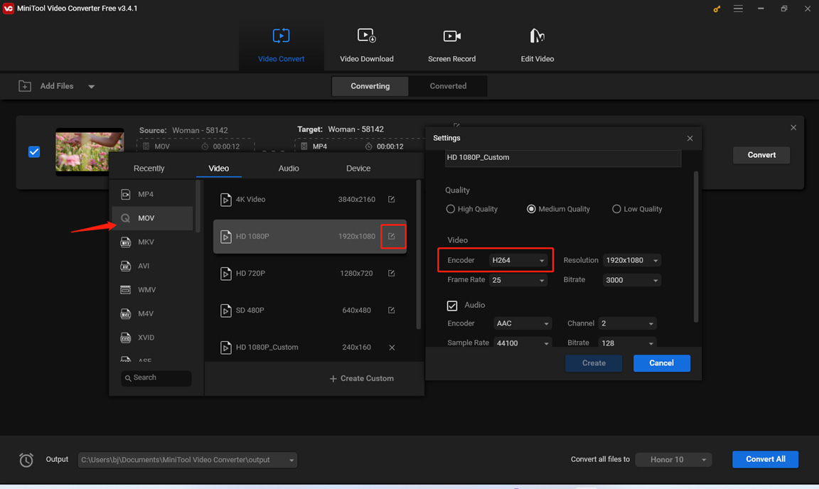 change the MOV codec